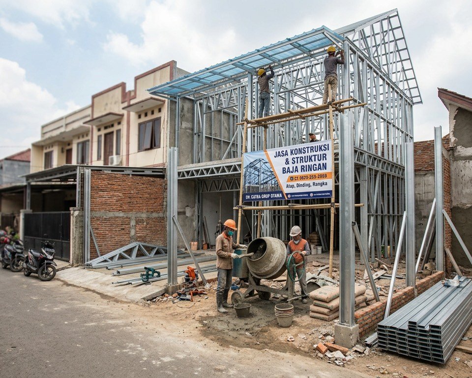 Pembangunan rumah dua lantai berangka baja ringan di kawasan padat