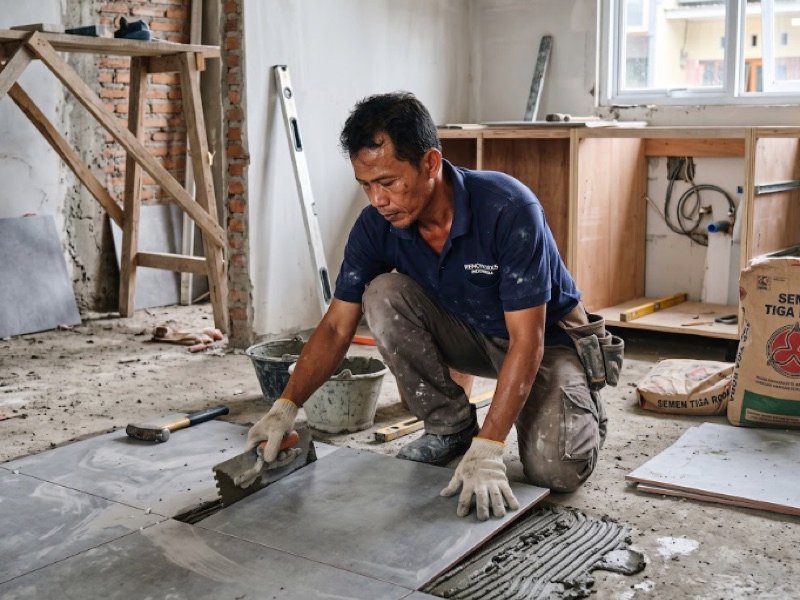 Tukang memasang keramik lantai pada pekerjaan renovasi ruangan