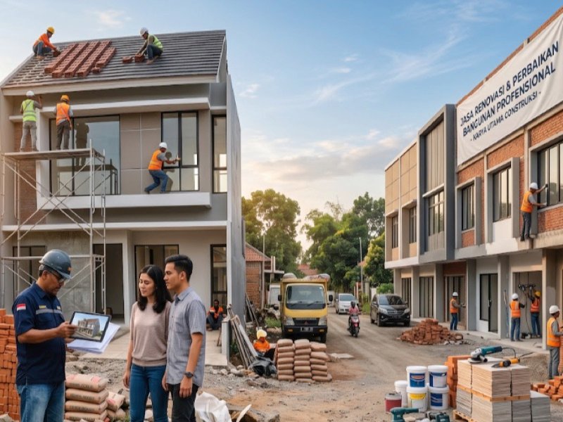Pembangunan rumah dua lantai dan deretan ruko di satu lokasi proyek